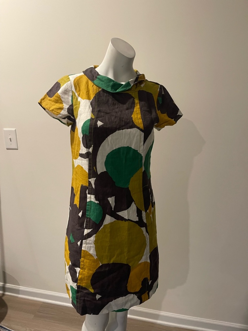 NWT boden Green & Mustard Abstract Print Short Sleeve Dress size 2r 100% linen